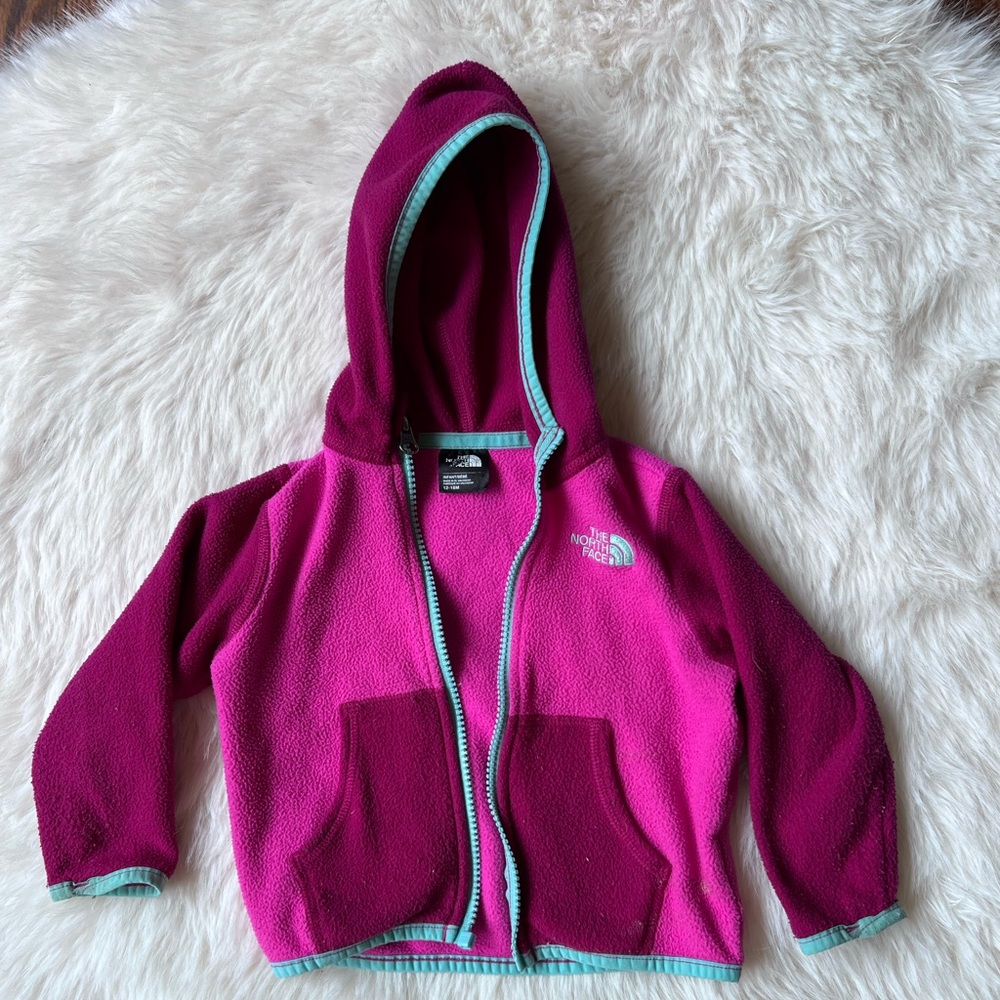 The North Face Pink and Green Fleece Hoodie with Full Zipper